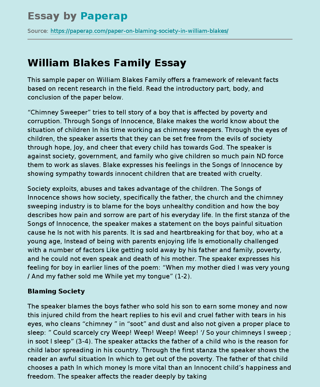 Sample Paper on William Blakes Family