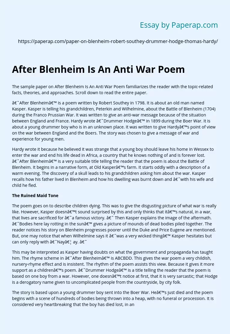 After Blenheim Is An Anti War Poem