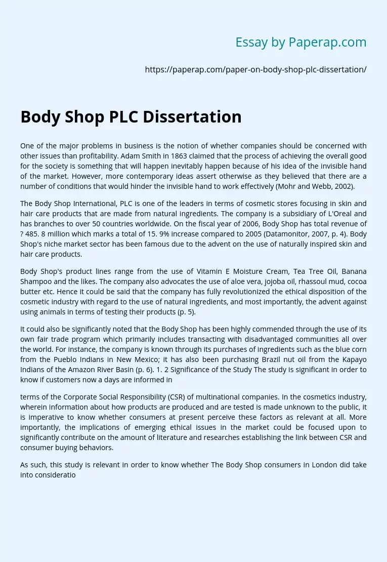 Body Shop PLC Dissertation