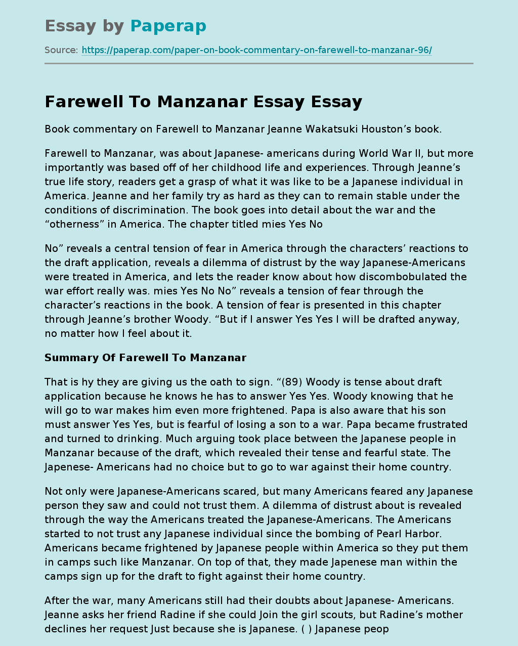 Farewell To Manzanar Essay