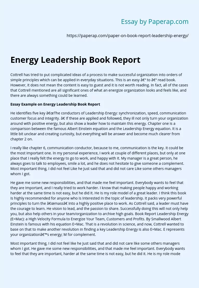 Energy Leadership Book Report