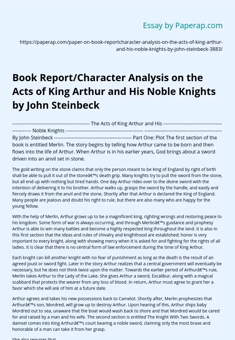 Book Report/Character Analysis on the Acts of King Arthur and His Noble Knights by John Steinbeck