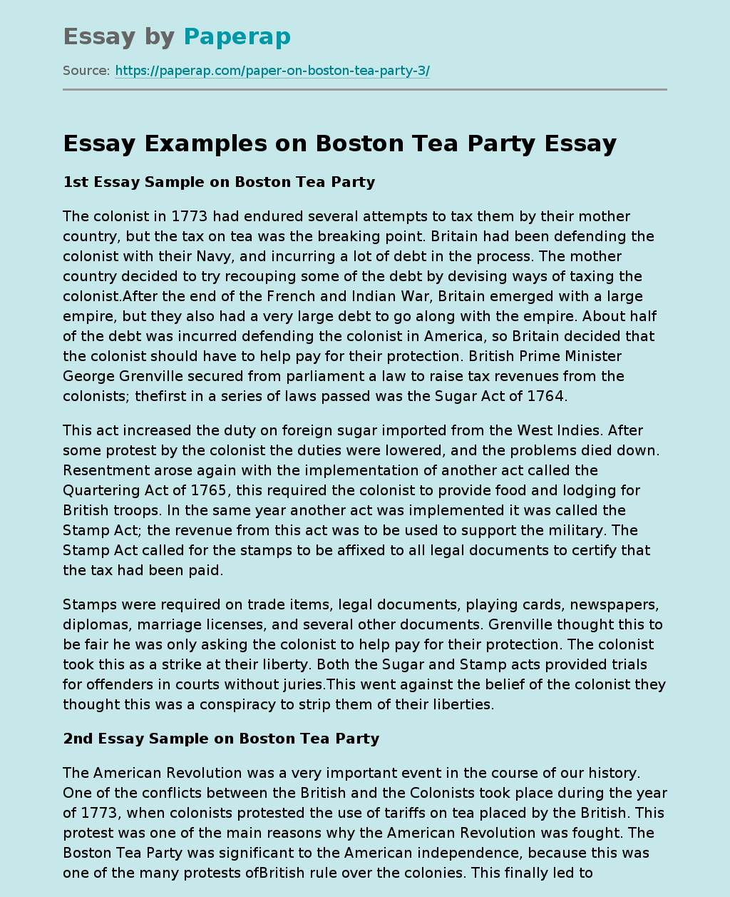 Essay Examples on Boston Tea Party