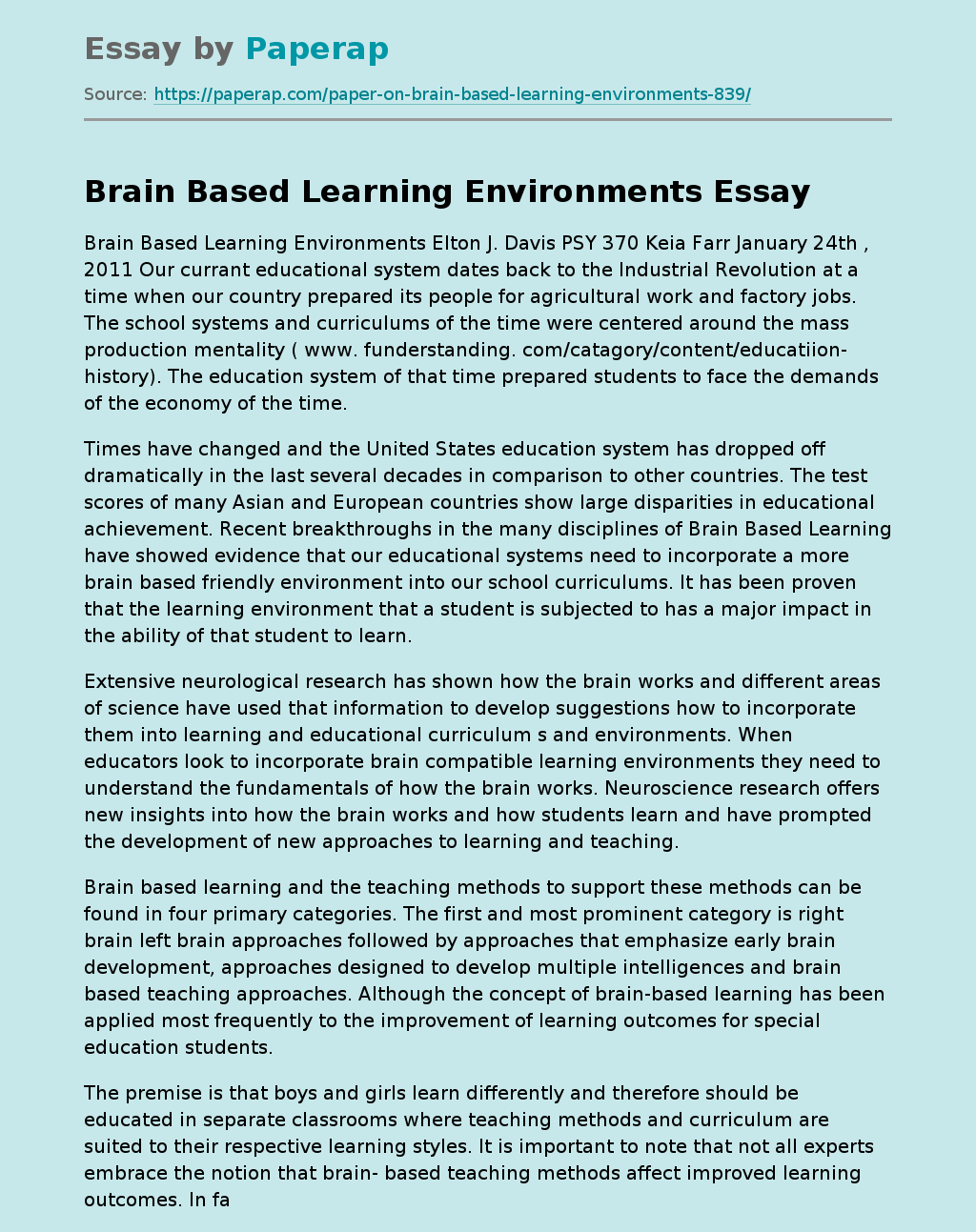 Brain Based Learning Environments