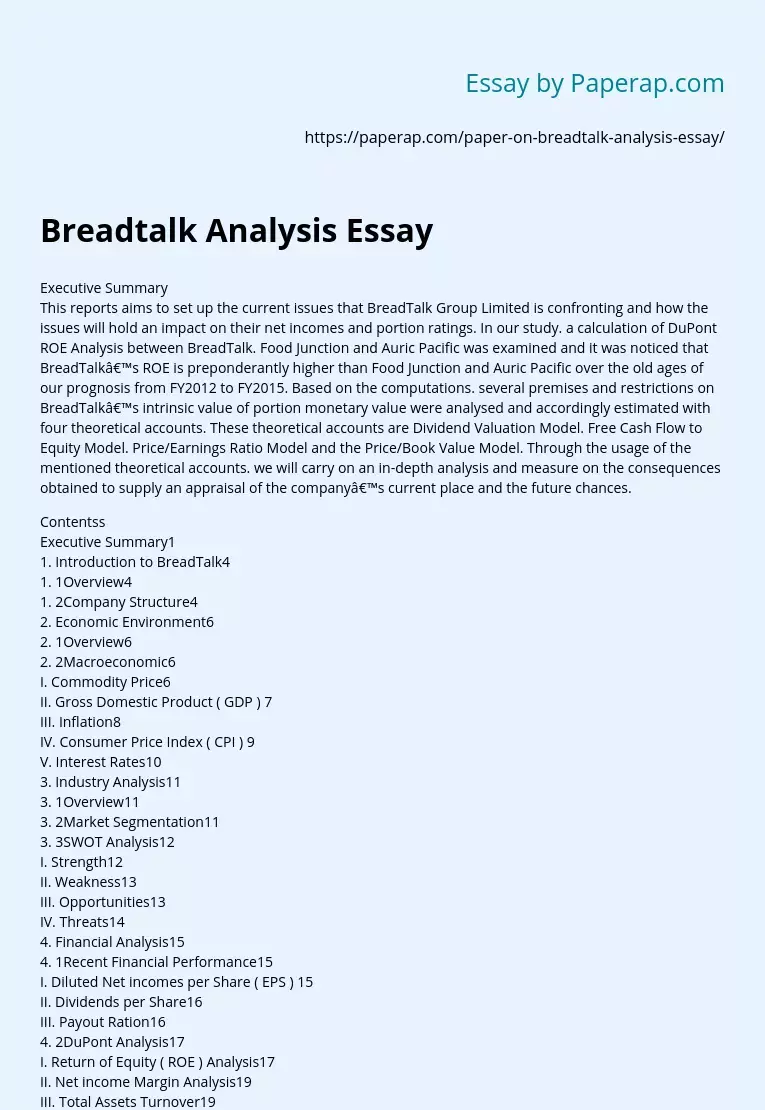 Breadtalk Analysis Essay