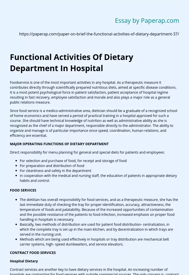 Functional Activities Of Dietary Department In Hospital
