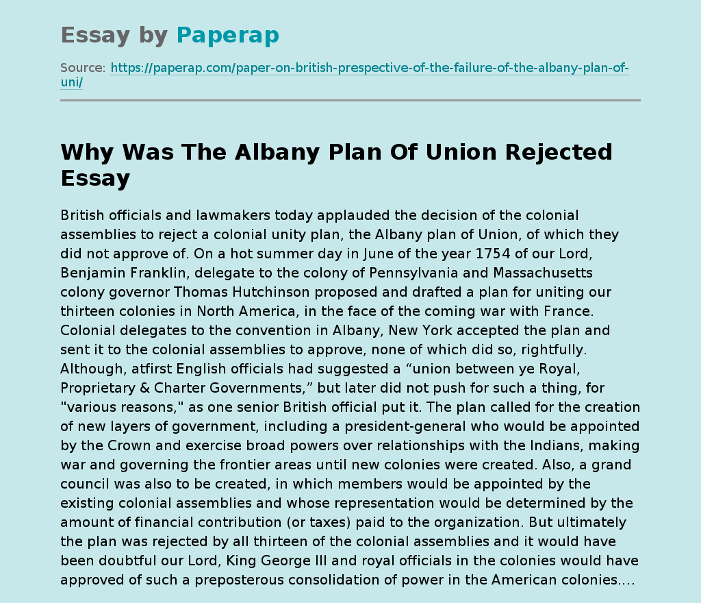 Why Was The Albany Plan Of Union Rejected