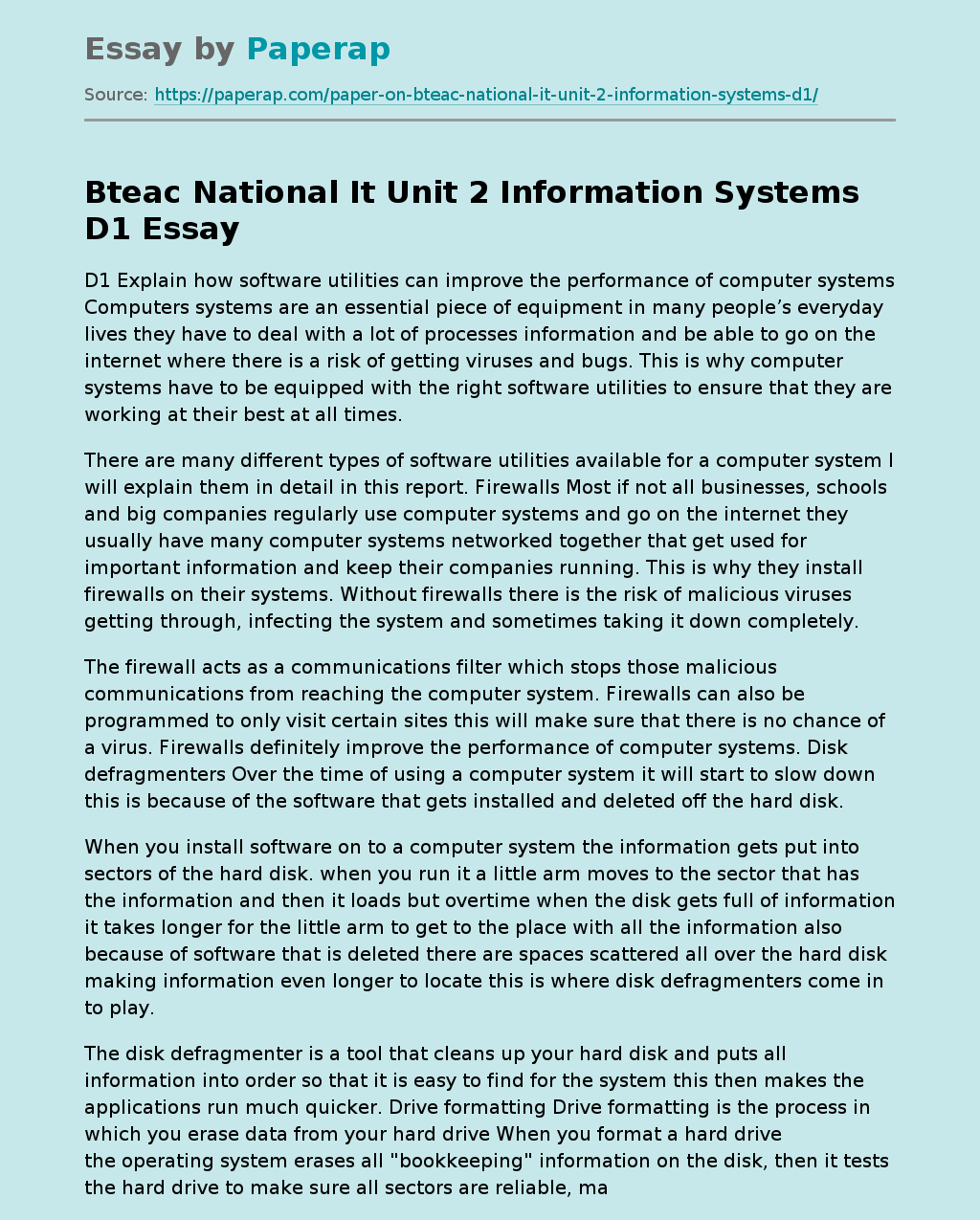 Bteac National It Unit 2 Information Systems D1