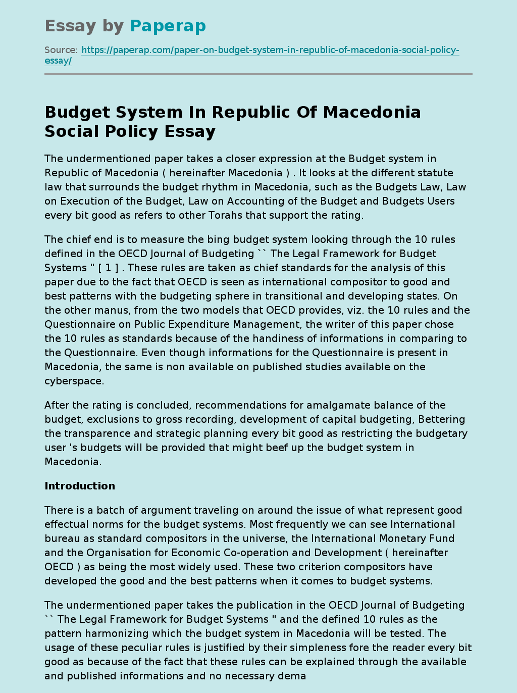 Budget System In Republic Of Macedonia Social Policy