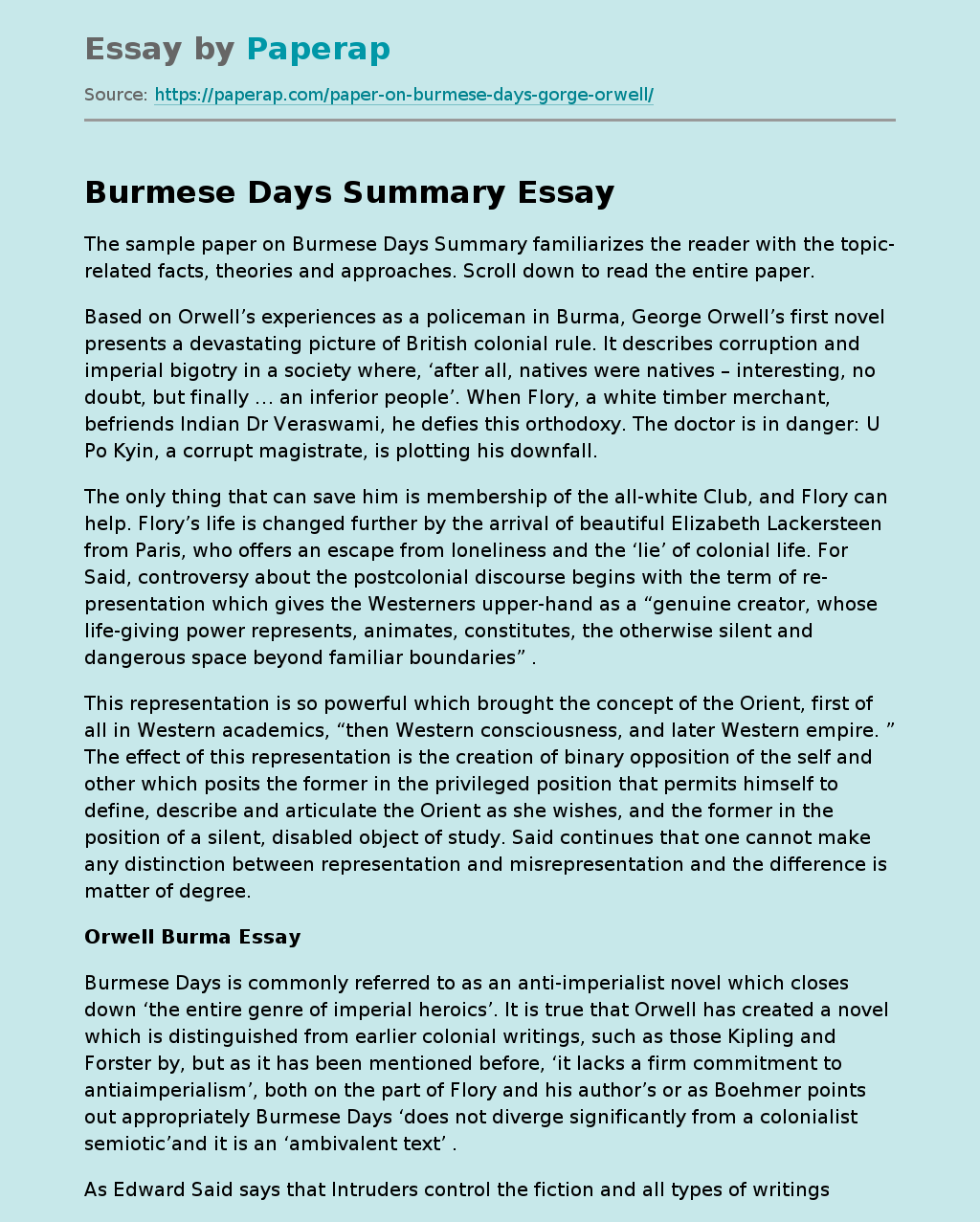 Burmese Days Summary