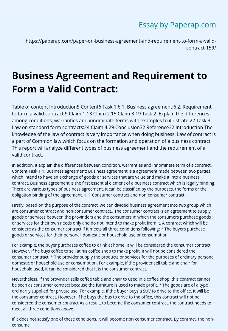 Business Agreement and Requirement to Form a Valid Contract: