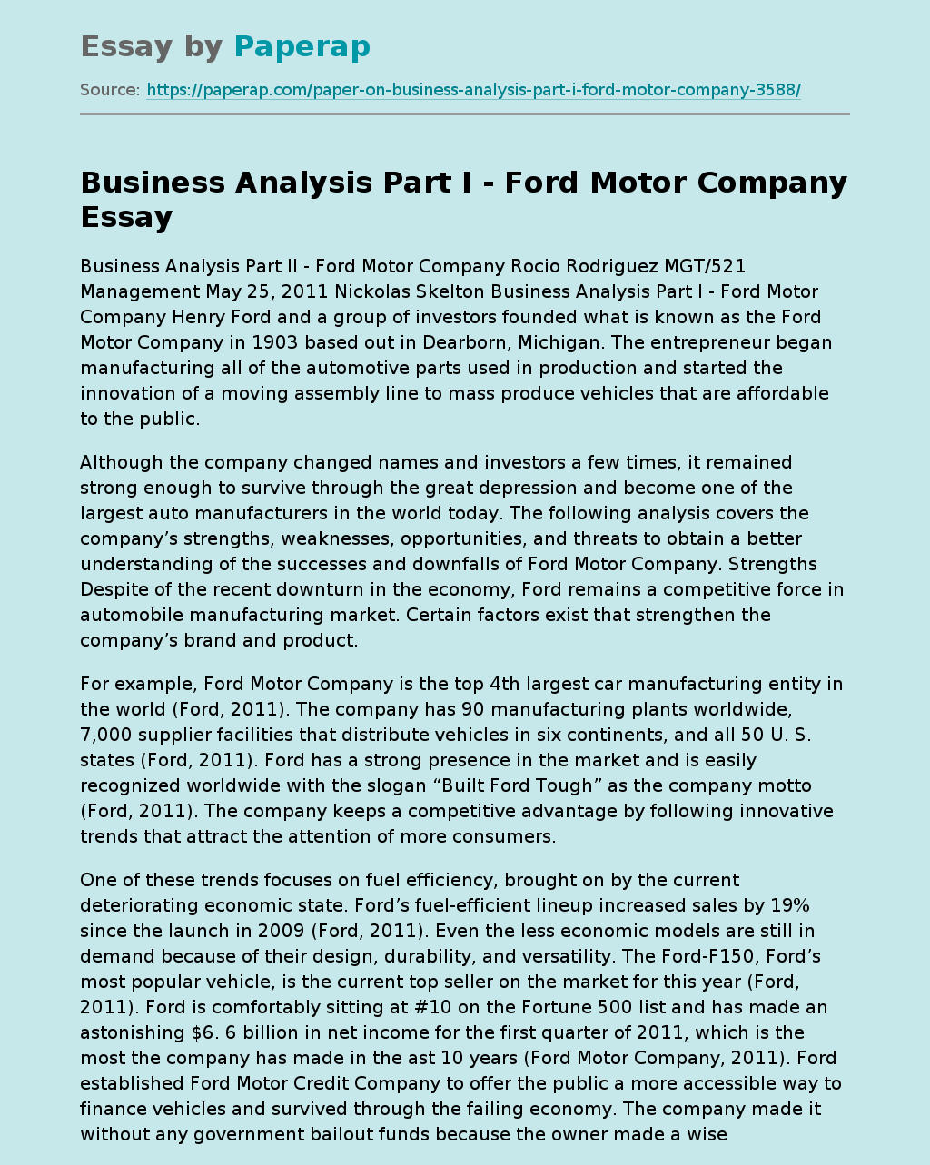 Business Analysis Part I - Ford Motor Company
