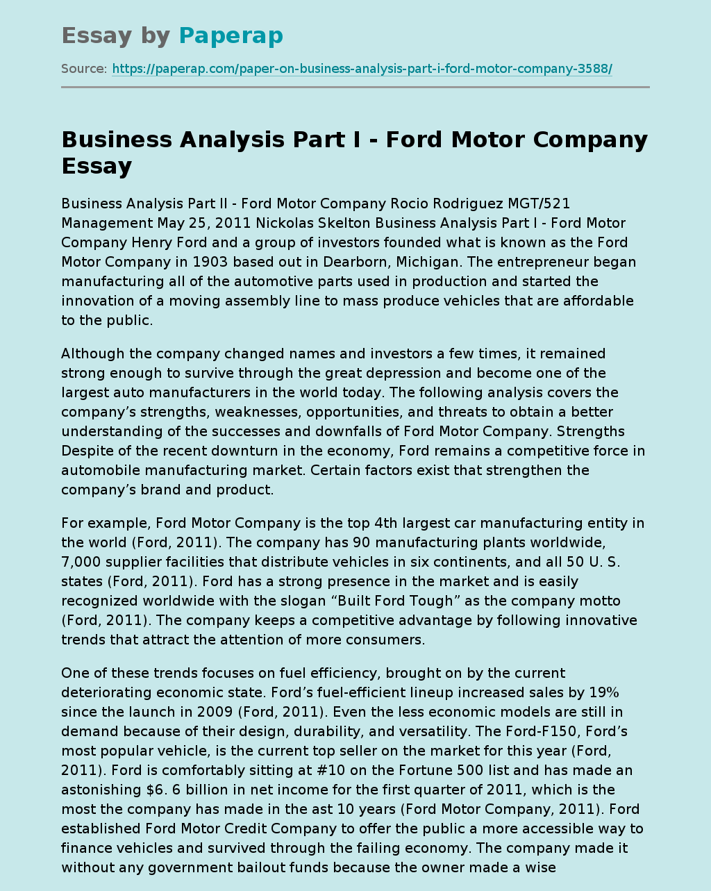 Business Analysis Part I Ford Motor Company Free Essay Example