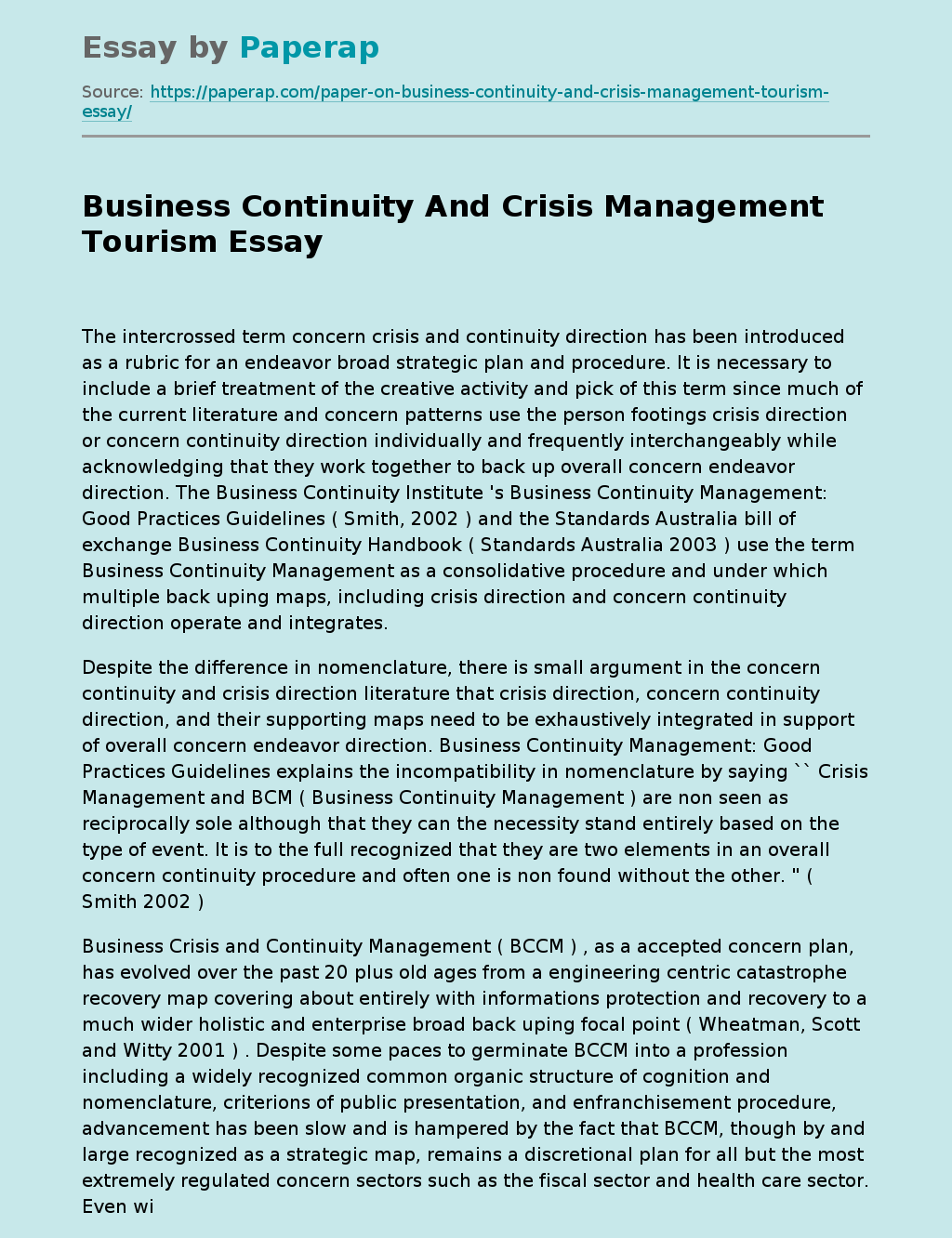 Business Continuity And Crisis Management Tourism