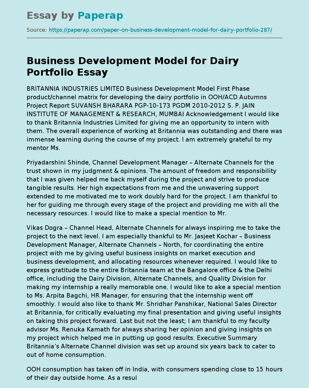 Business Development Model for Dairy Portfolio