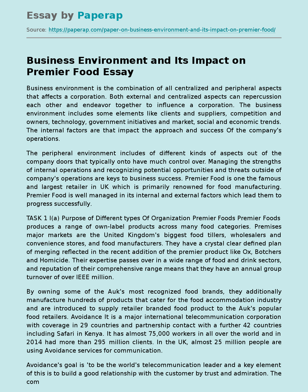 Business Environment and Its Impact on Premier Food