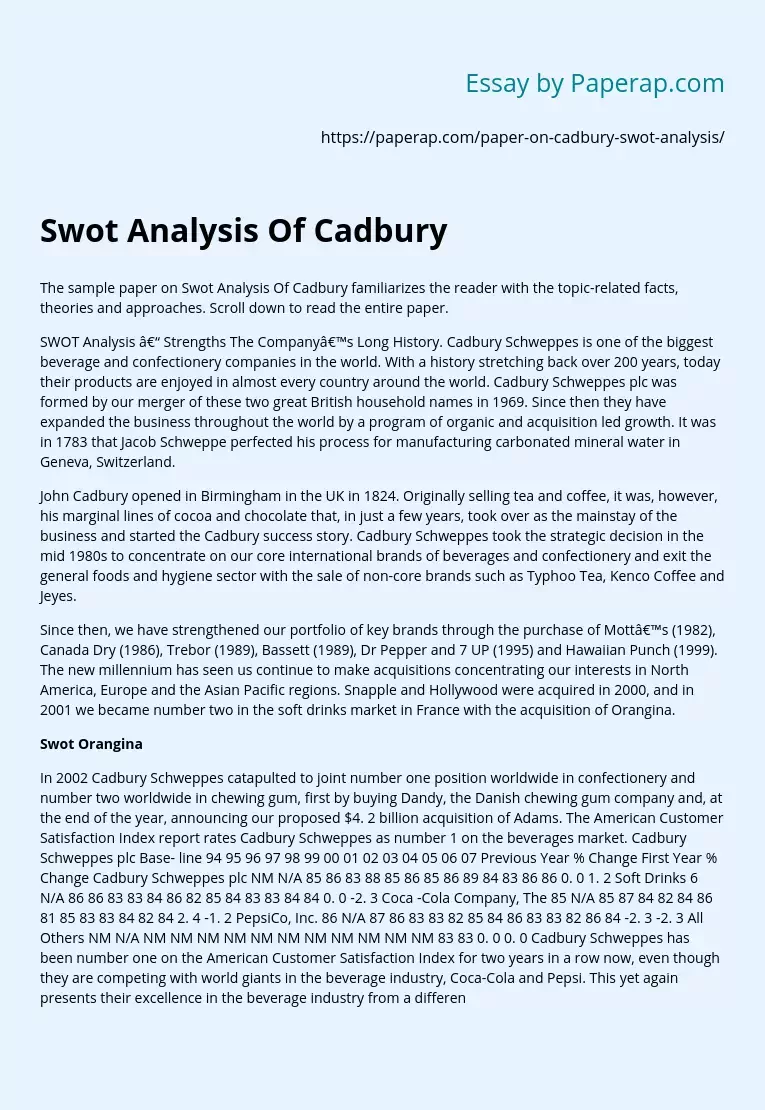 Swot Analysis Of Cadbury