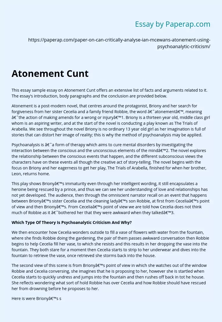 Atonement Cunt: Psychoanalytic Criticism in the Novel