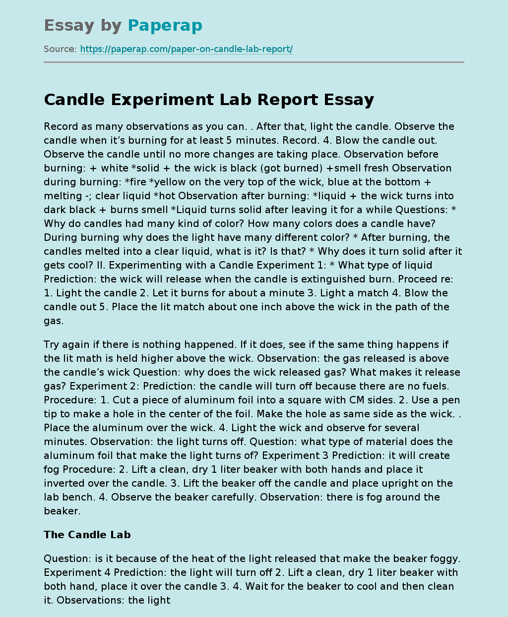 Candle Experiment Lab Report