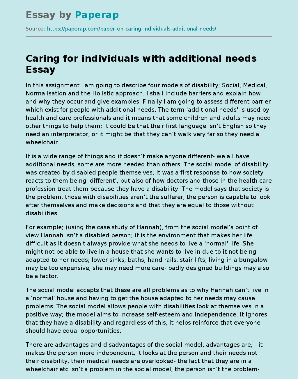 Caring for individuals with additional needs