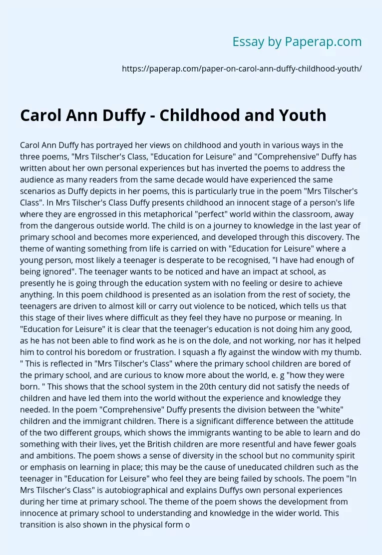 Carol Ann Duffy - Childhood and Youth