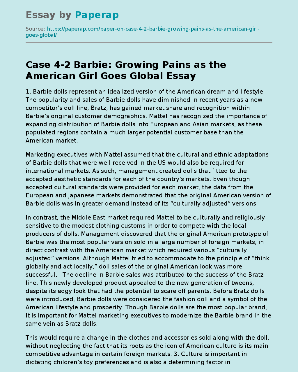 Case 4-2 Barbie: Growing Pains as the American Girl Goes Global
