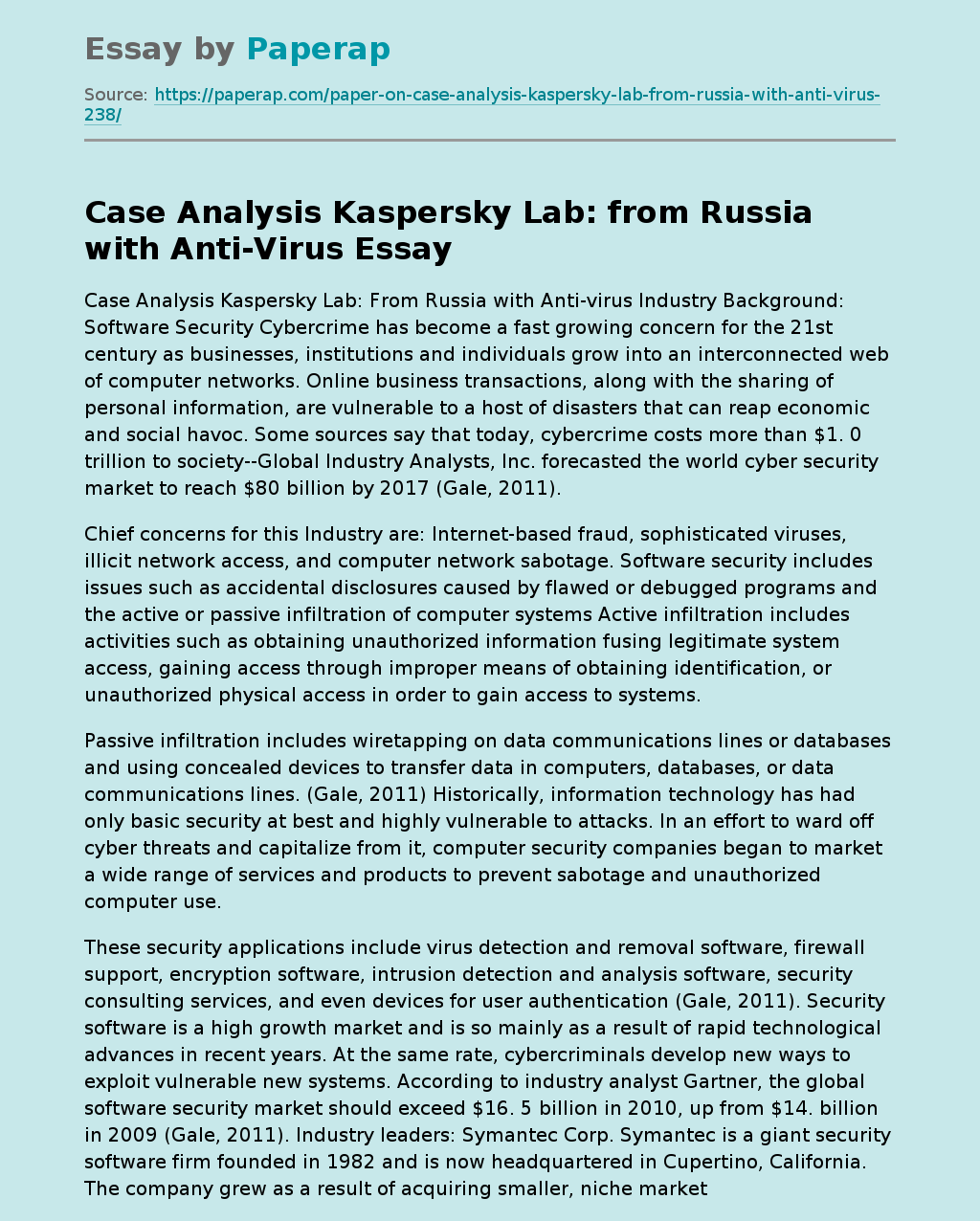 Case Analysis Kaspersky Lab: from Russia with Anti-Virus