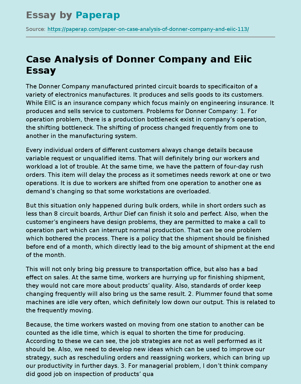 Case Analysis of Donner Company and Eiic