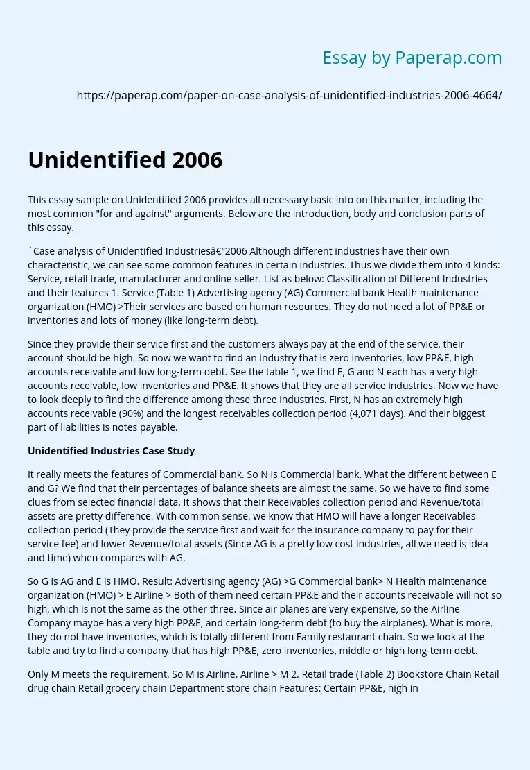 Case Analysis of Unidentified Industries 2006