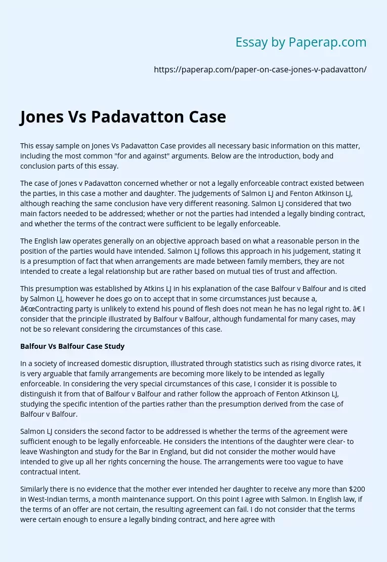 Jones Vs Padavatton Case
