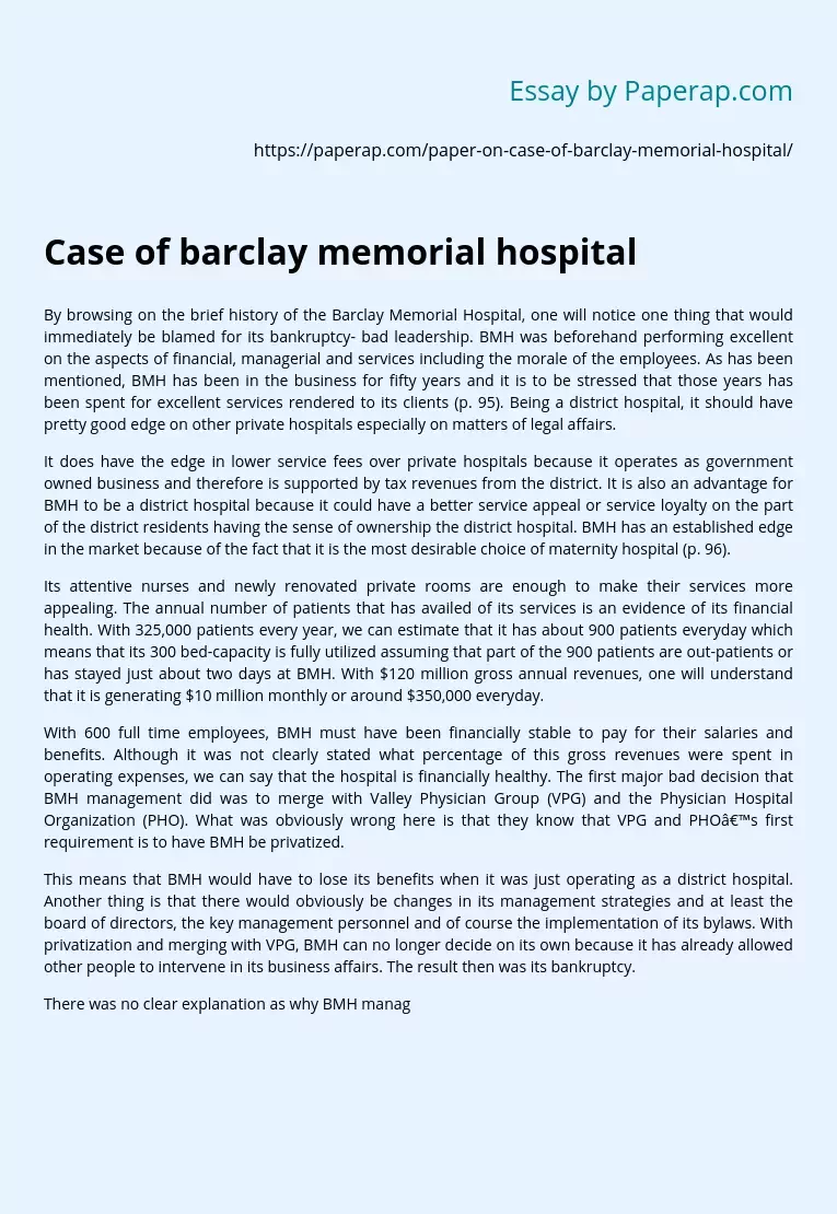 Case of barclay memorial hospital