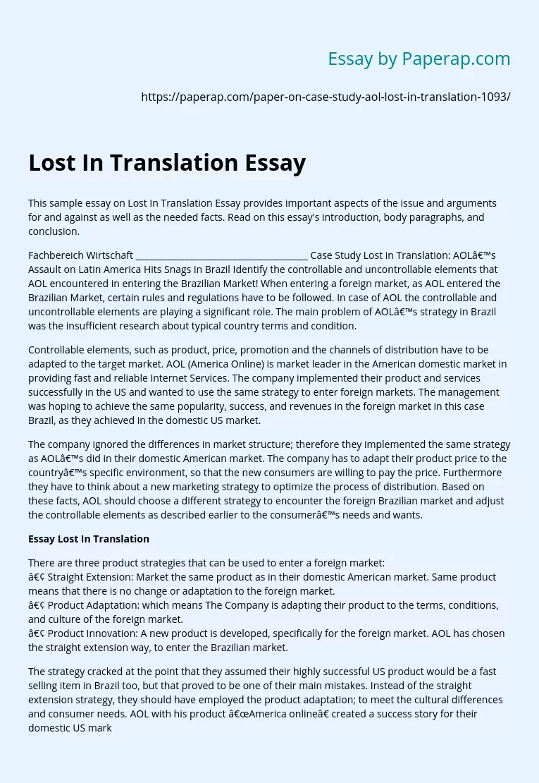 Sample Essay on Lost in Translation Essay
