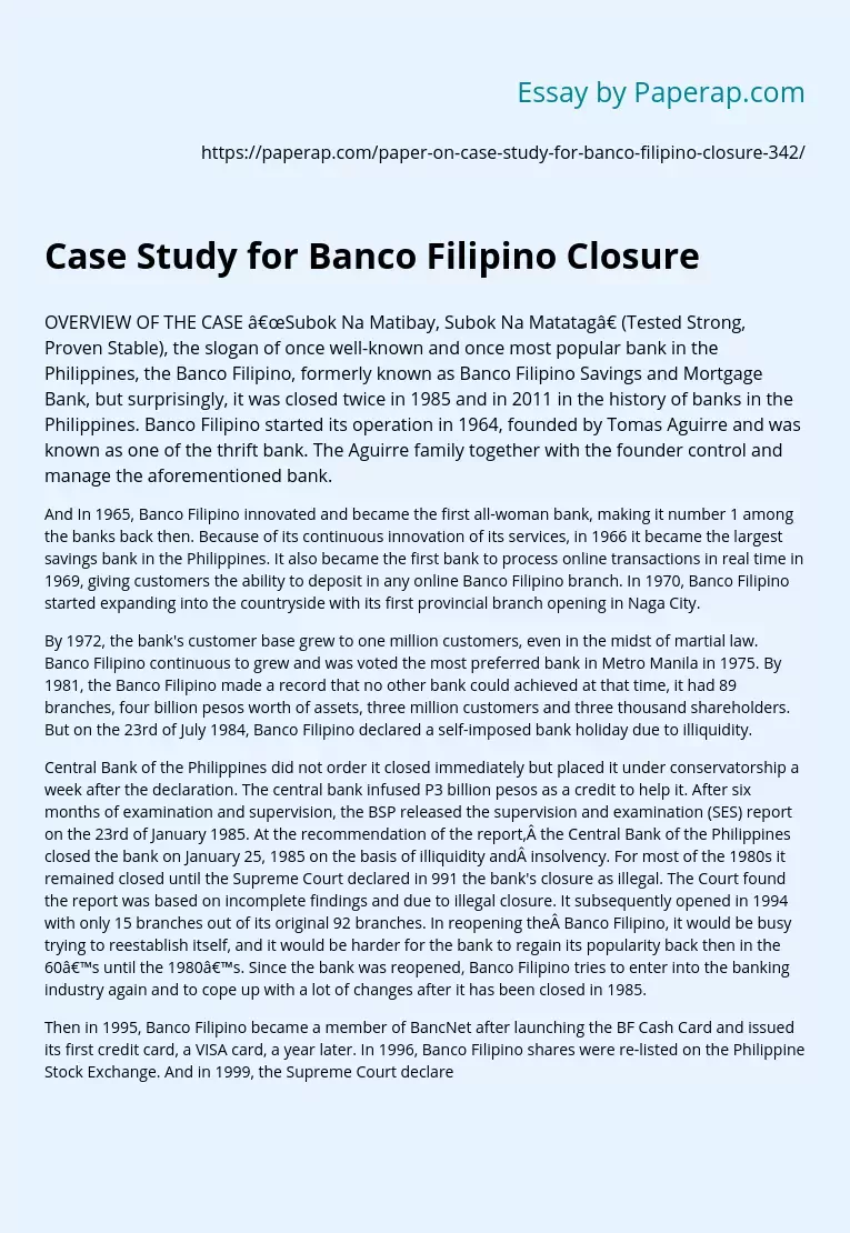 Case Study for Banco Filipino Closure