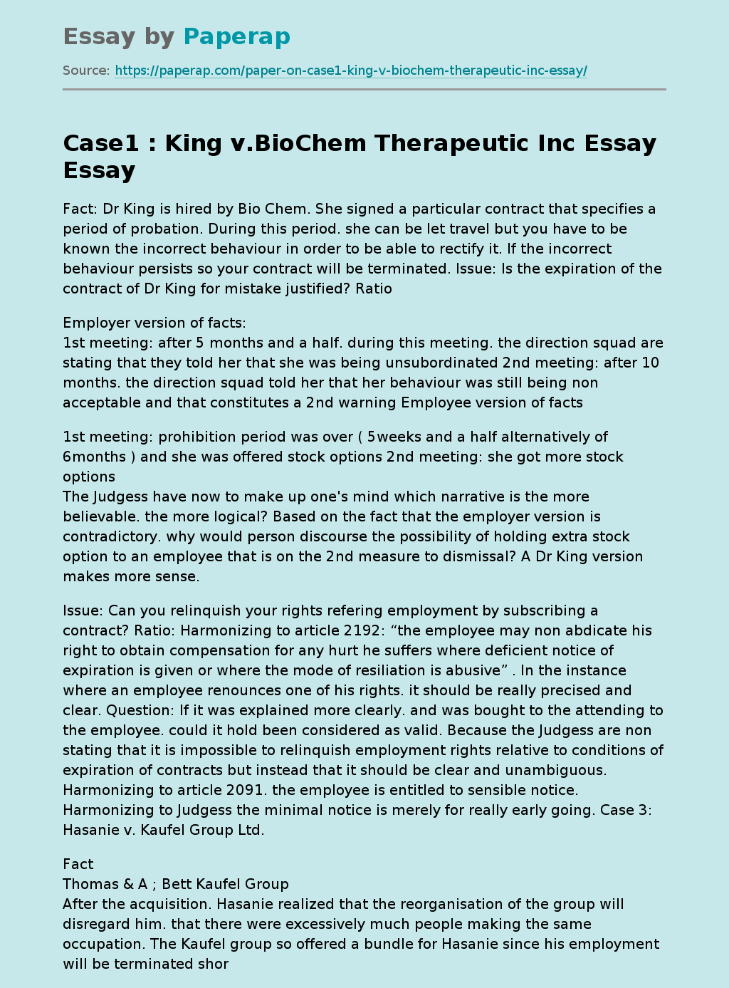 Case1 : King v.BioChem Therapeutic Inc Essay