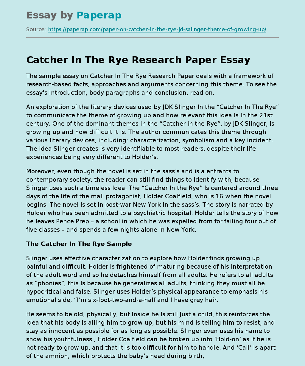Catcher In The Rye Research Paper
