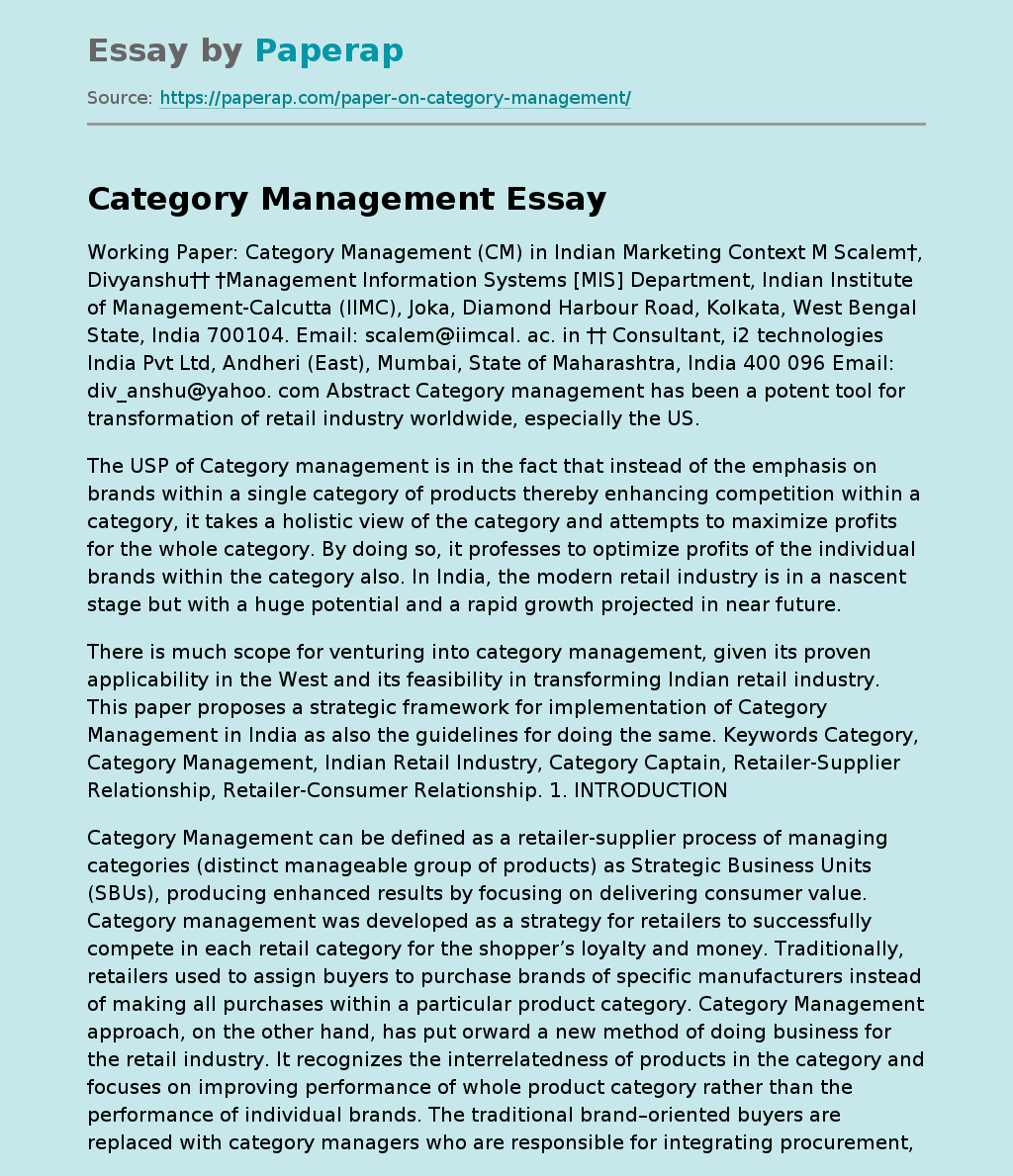 Working Paper: Category Management (CM) in Indian Marketing Context