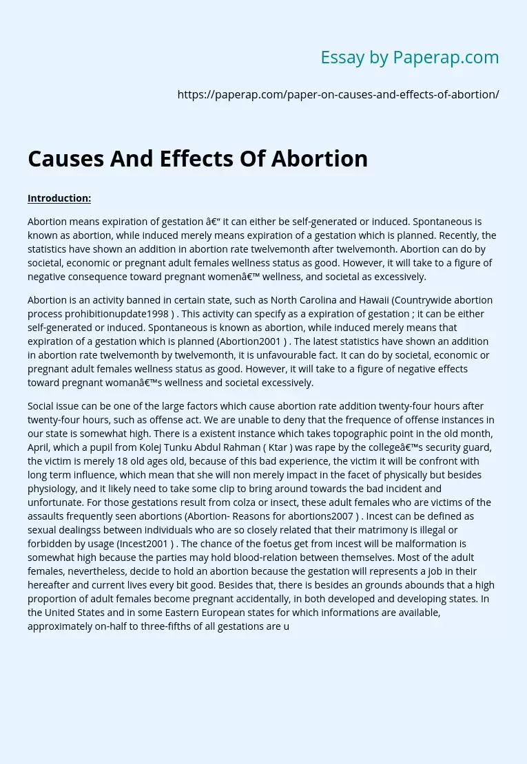 Реферат: AbortionA Essay Research Paper AbortionIntroductionFrom 1973 to