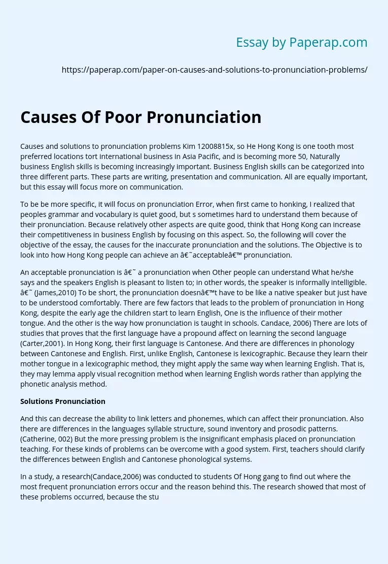 Causes Of Poor Pronunciation Free Essay Example