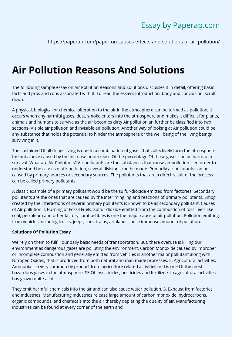 Air Pollution Reasons And Solutions