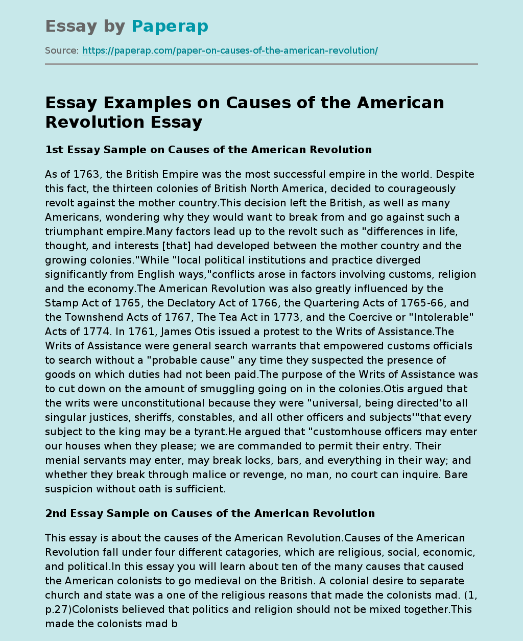 Essay Examples on Causes of the American Revolution