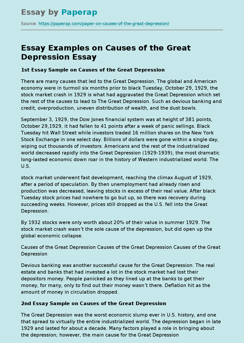 Essay Examples on Causes of the Great Depression