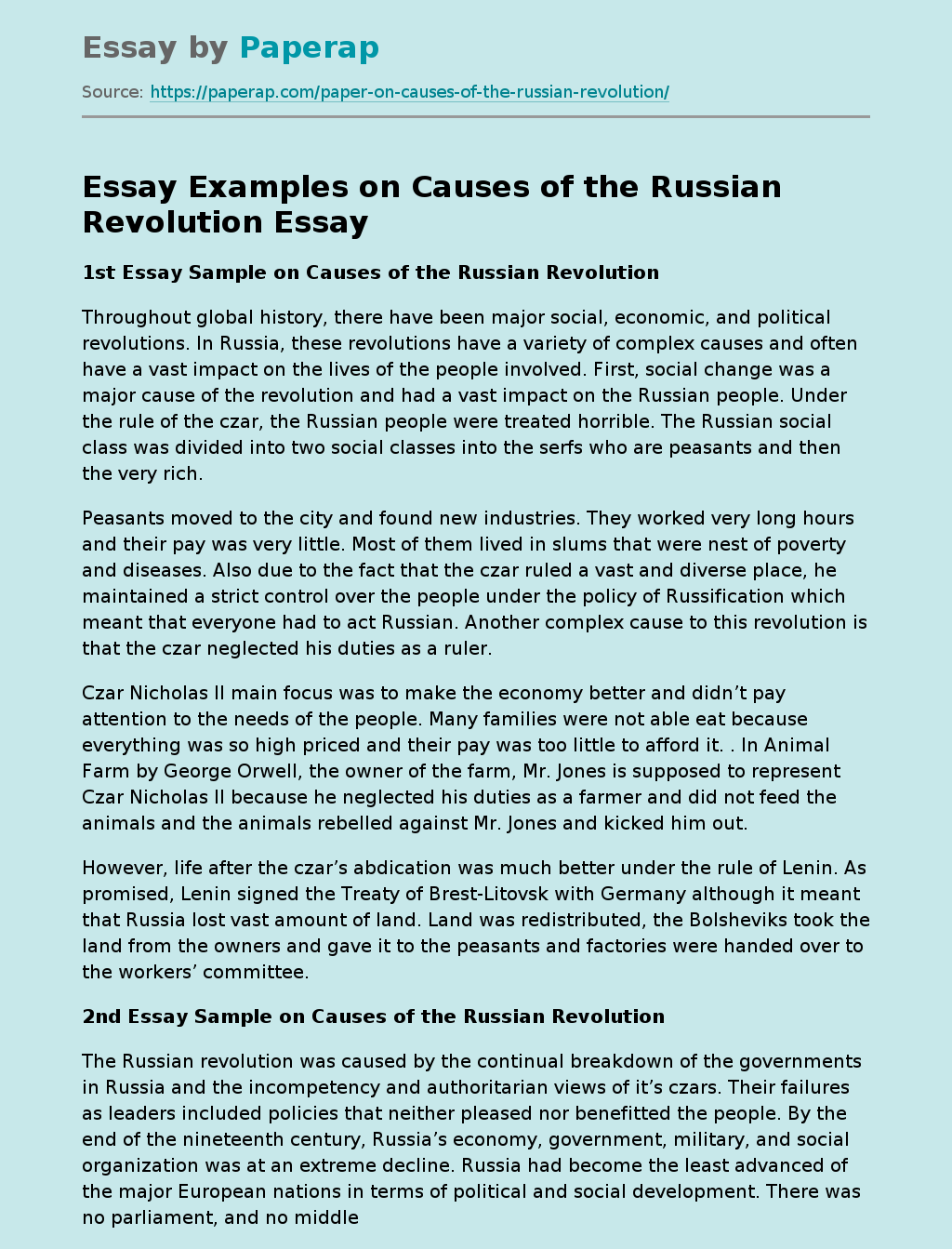 Essay Examples on Causes of the Russian Revolution