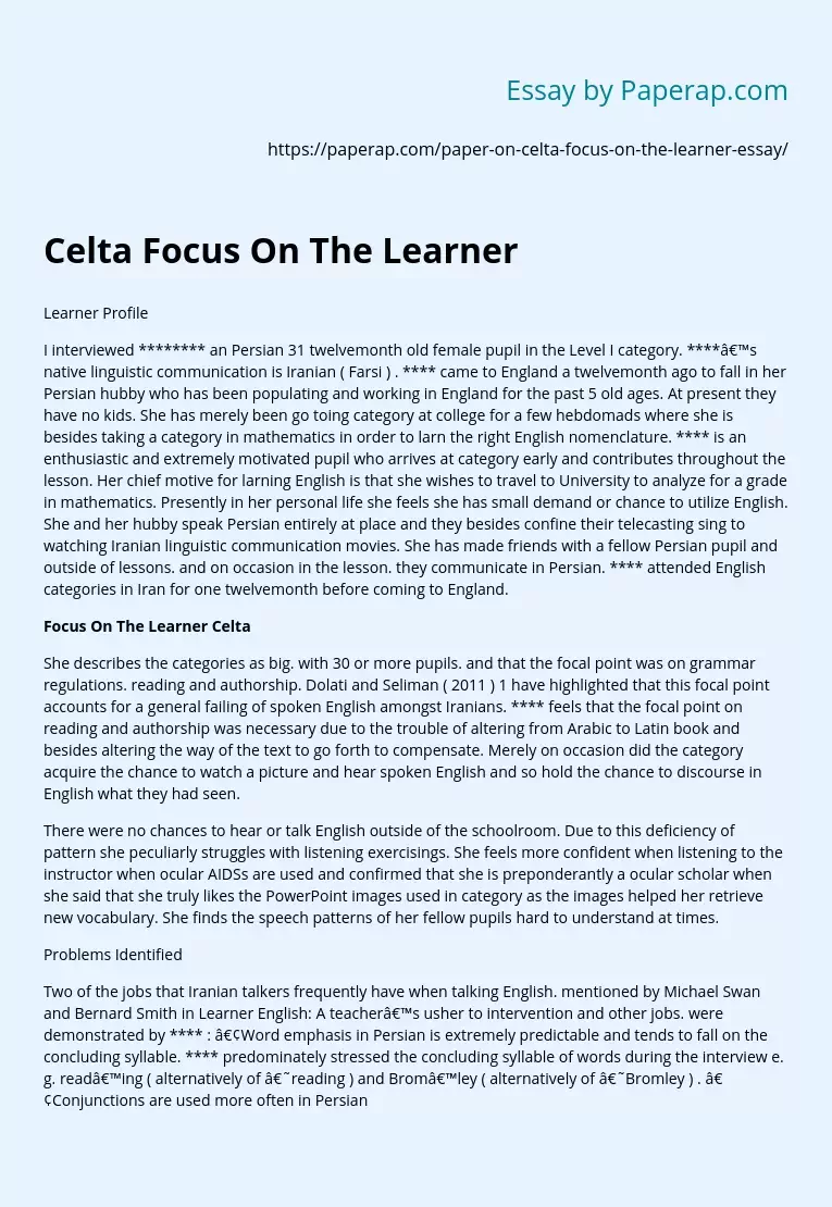 Celta Focus On The Learner