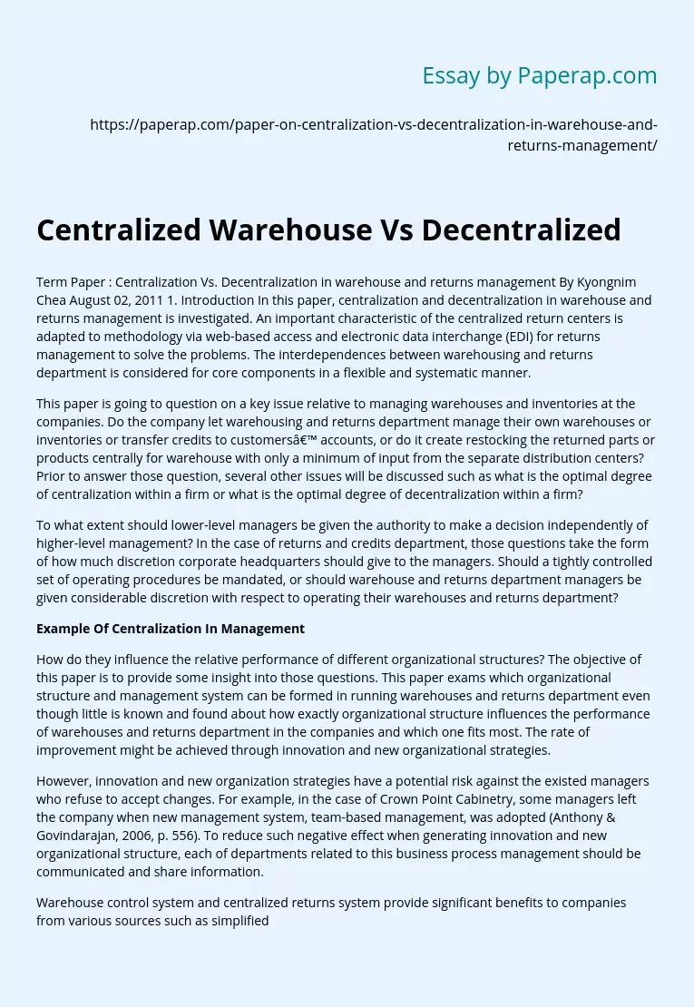 Centralized Warehouse Vs Decentralized