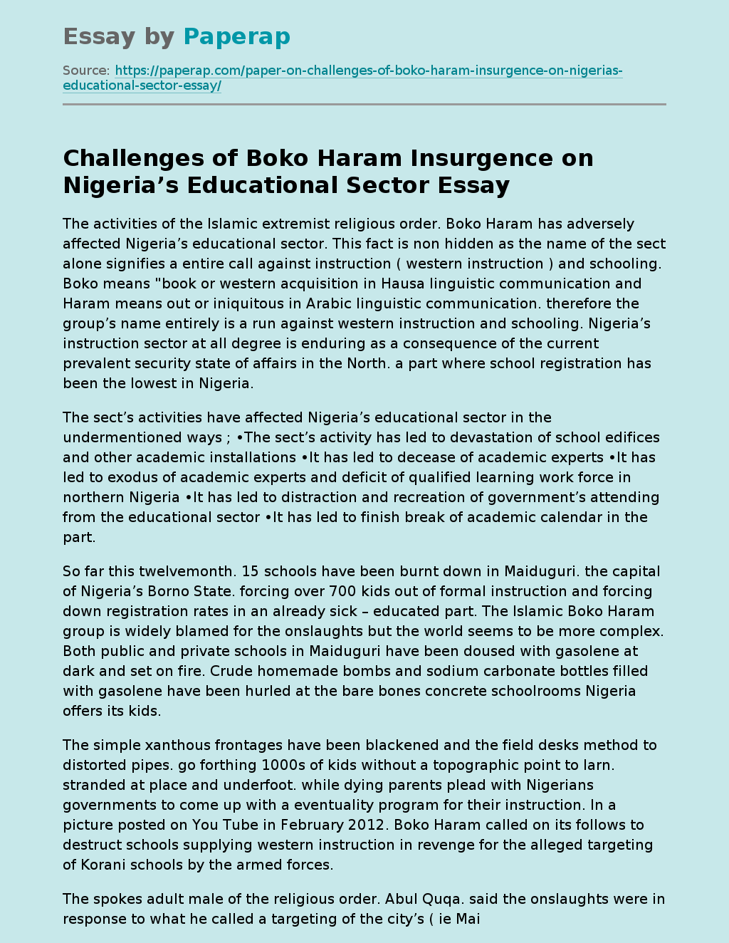 Challenges of Boko Haram Insurgence on Nigeria’s Educational Sector
