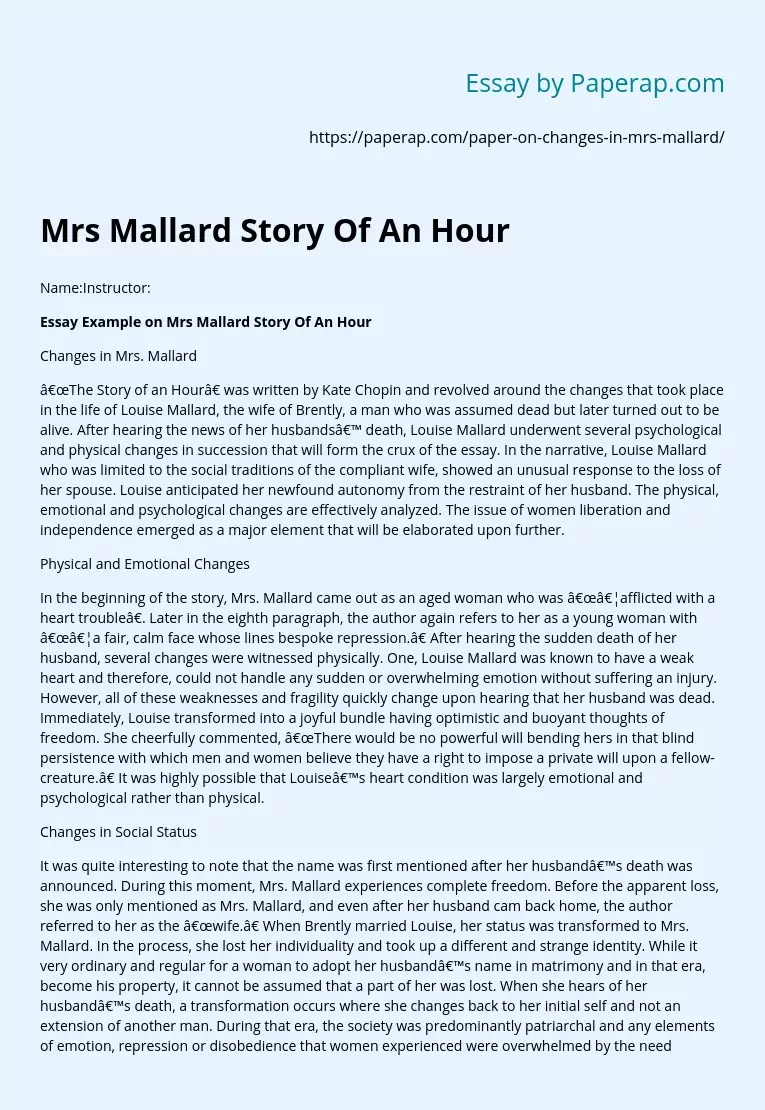 Mrs Mallard Story Of An Hour