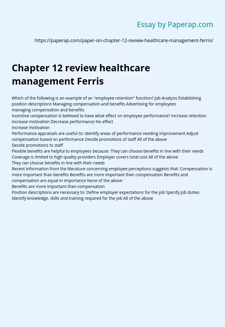 Chapter 12 review healthcare management Ferris