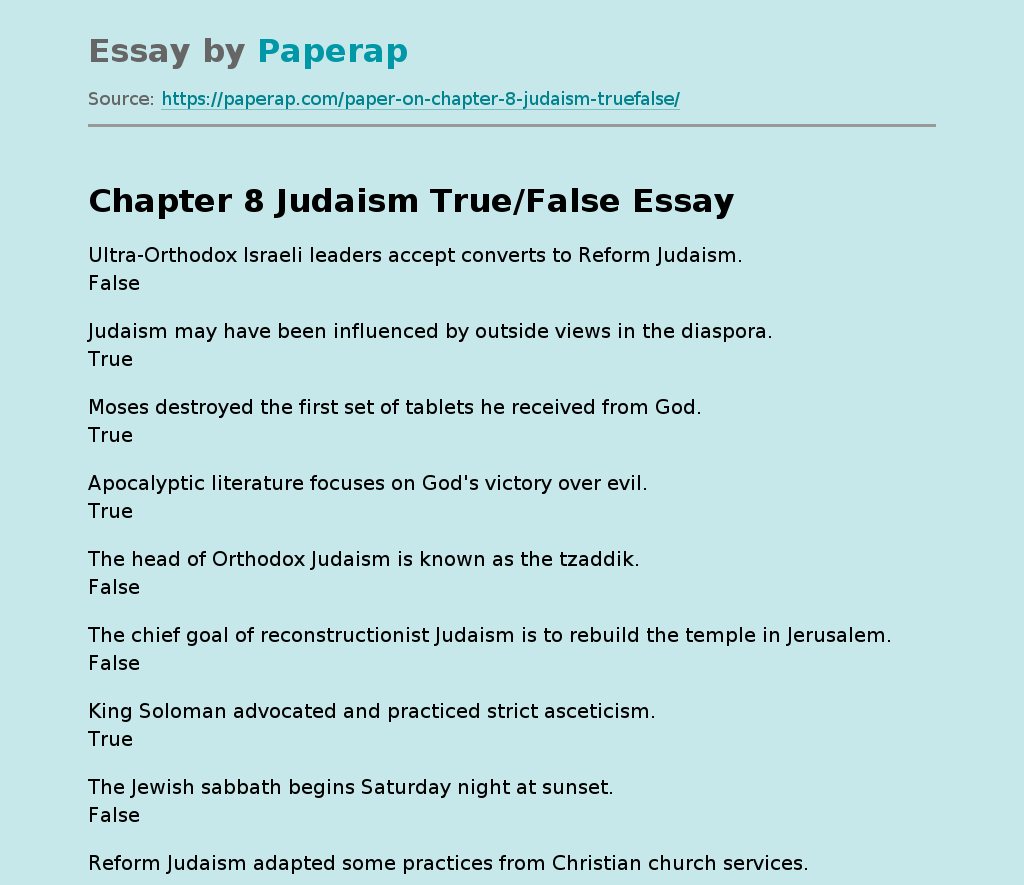 Chapter 8 Judaism True/False