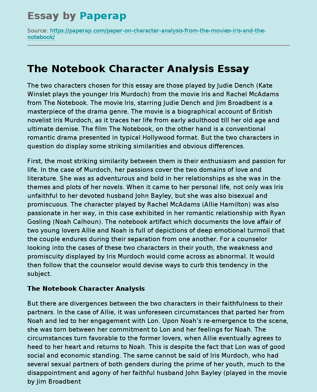 The Notebook Character Analysis