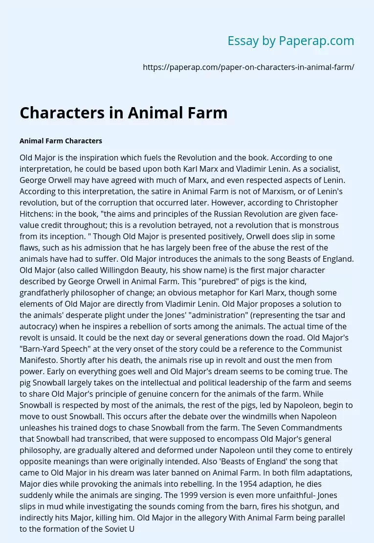Characters in Animal Farm Free Essay Example